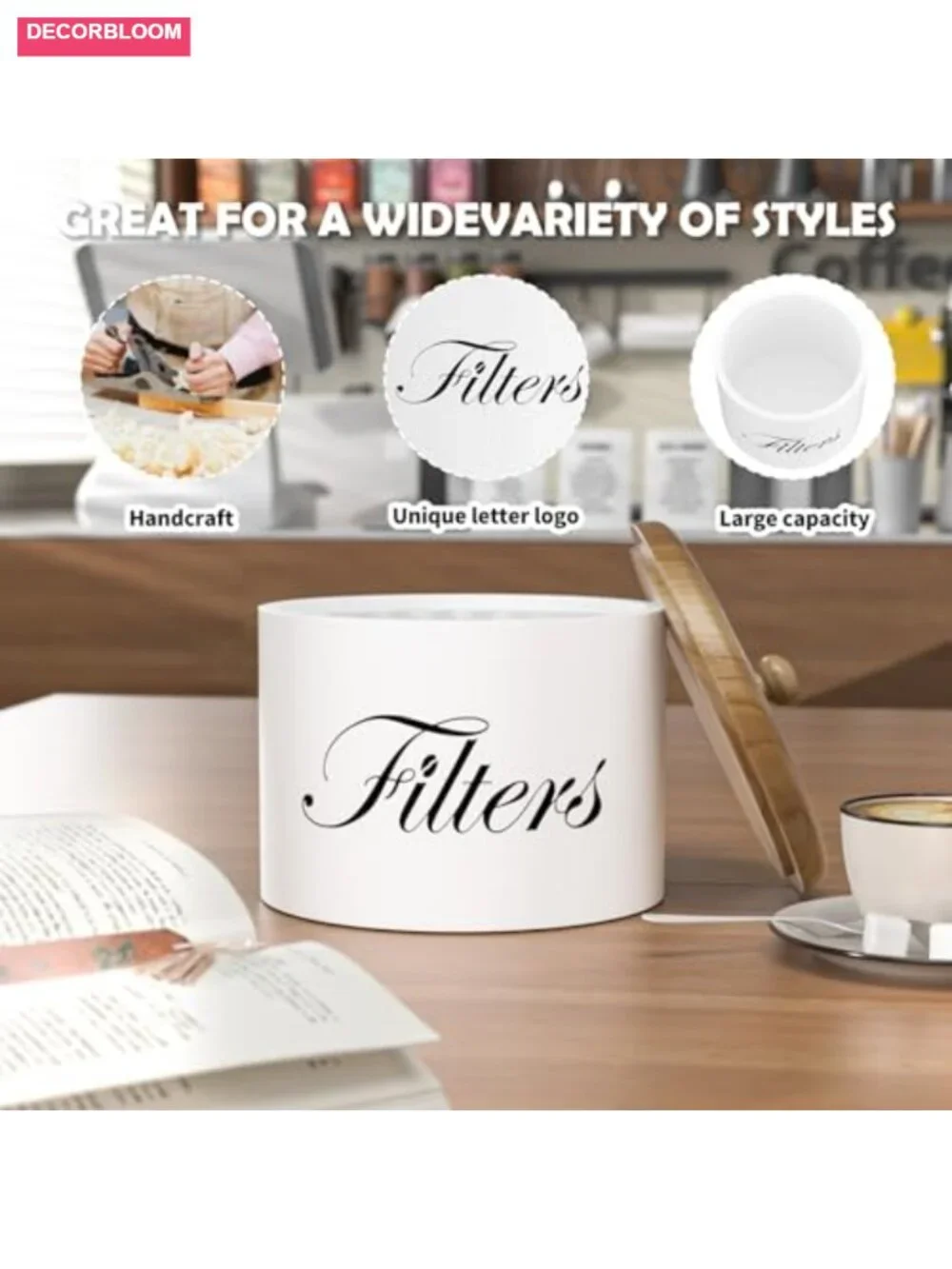 Wooden Coffee Filter Holder with Lid, Round Rustic Farmhouse Storage for Counter